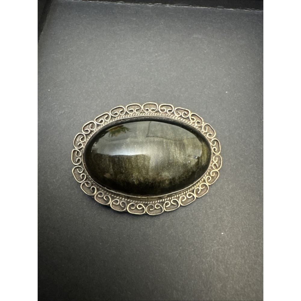Vintage Taxco Mexico Gold Sheen Obsidian Sterling Silver MCM Oval Pin Brooch
